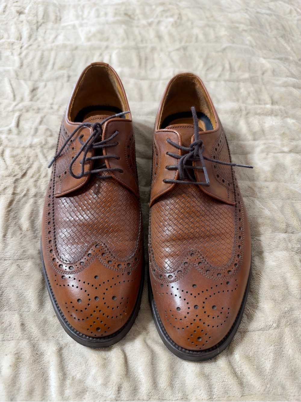 Men's Tan Leather Wingtip Derbys with Woven Detail